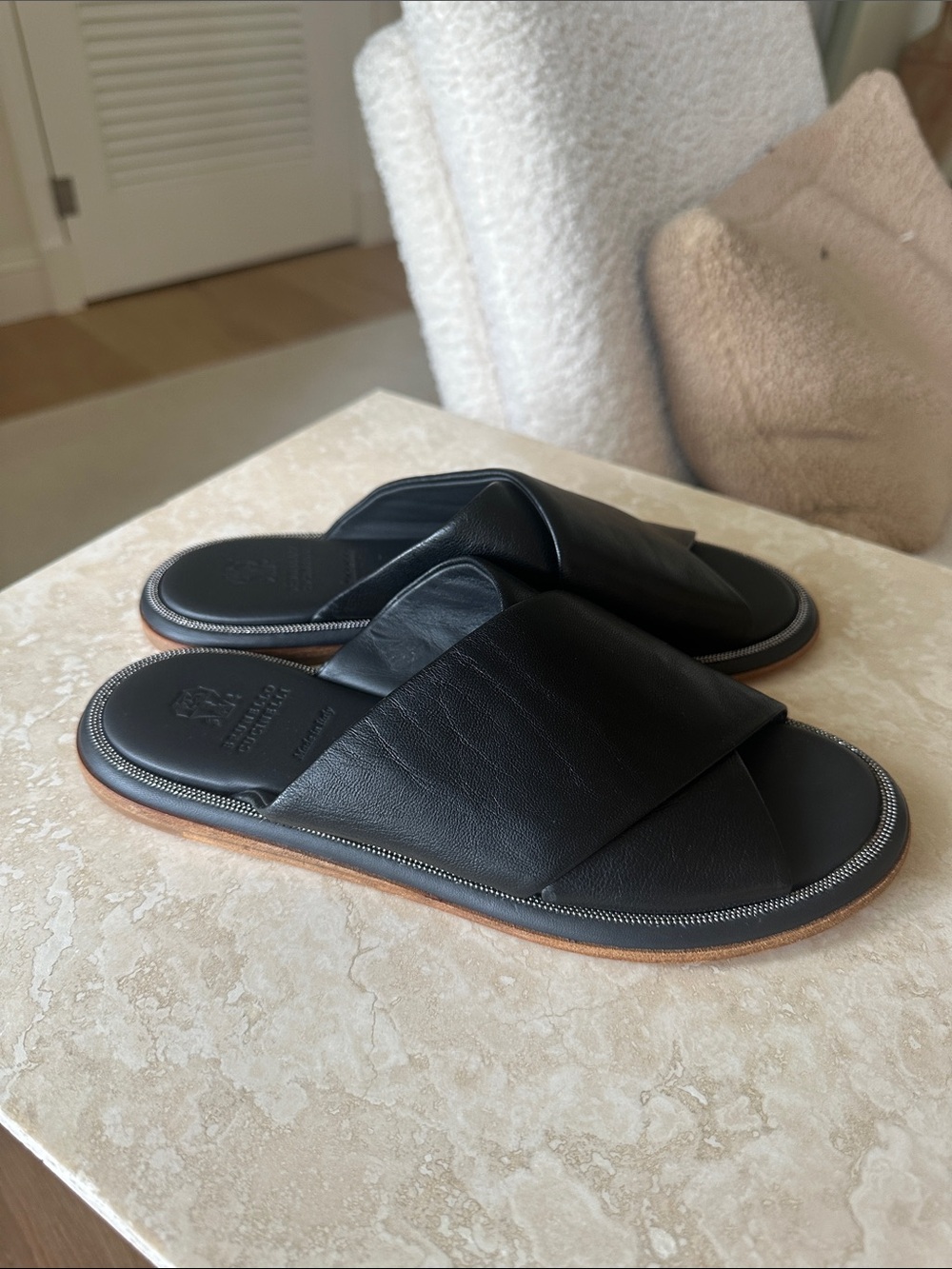 Brunello Cucinelli Black Leather Crisscross Slide Sandals Sz 37 (US 7) NWOT